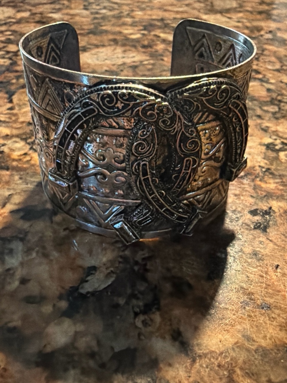 Etched Metal Cuff Bracelet in Aged Silver Tone